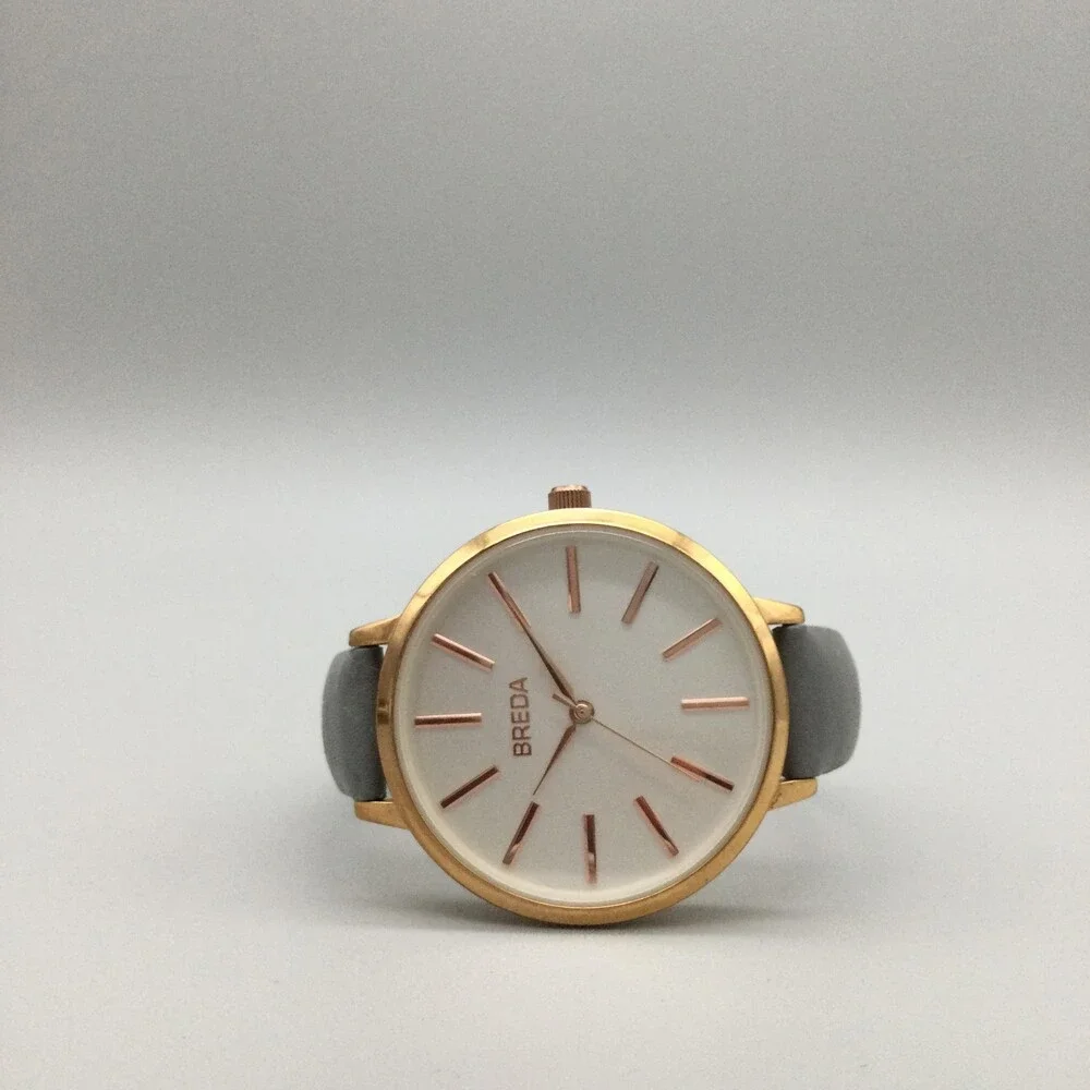 Breda Womens Watch 37mm Silver Gold Tone Gray Leather Strap New Battery